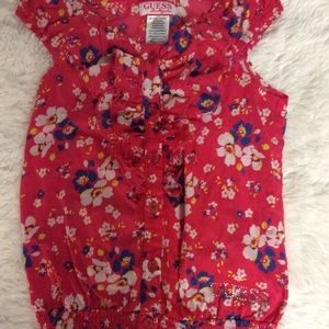Guess Girls Size 5 Pink Floral Ruffle Front Blouse